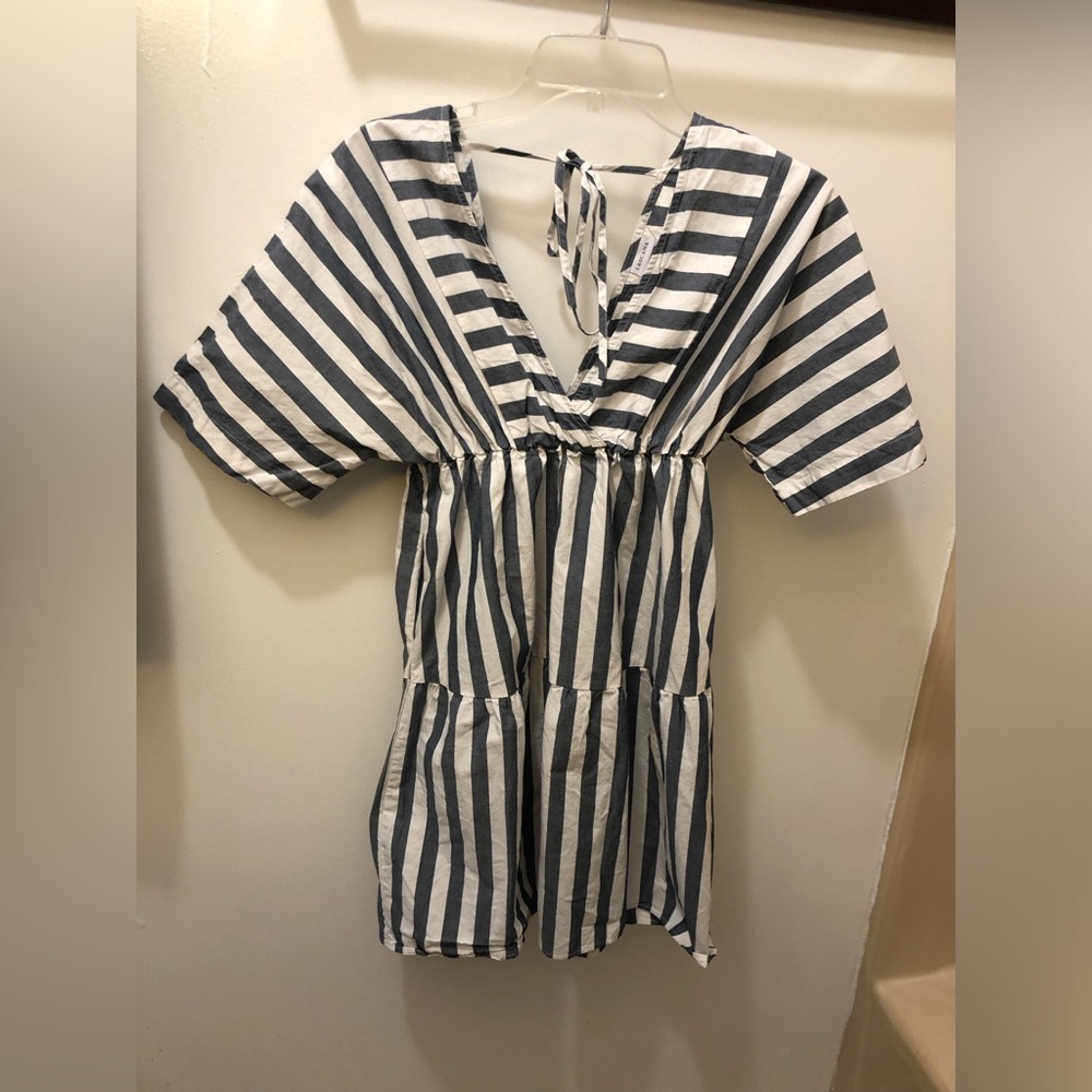 Lascana Striped V-Neck Tiered Mini Dress - Navy & White